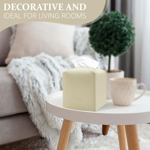 AZORMI Faux Leather Tissue Box Cover with Bottom Belt - Modern Square Design, Wide Opening, Beige