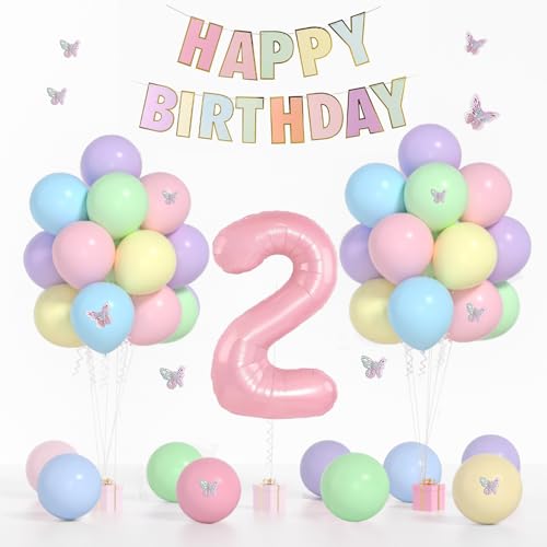 Yumiche 2nd Birthday Decorations for Girl - Pastel 2nd Birthday Party Set with Balloons & Banner (2-pastel / 2nd)