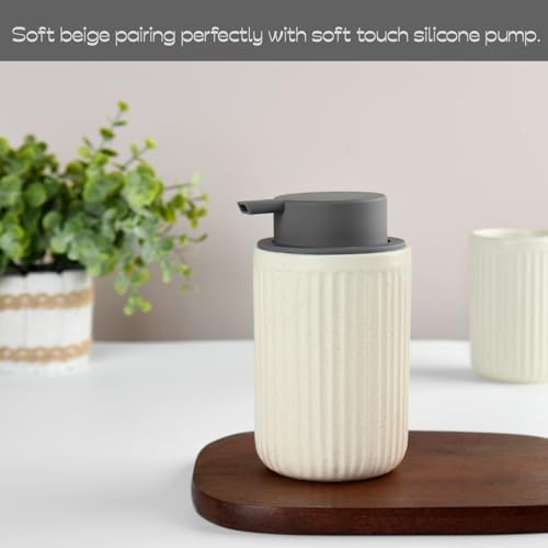 Speckled Beige Ceramic Soap Dispenser with Gray Silicone Pump