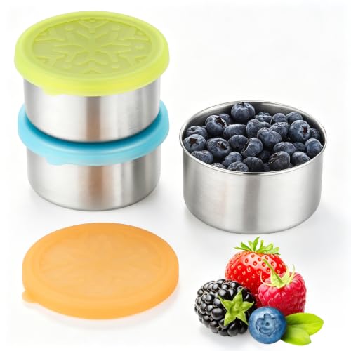 BEFOY Stainless Steel Snack Containers Set - 3 Pack for Kids, Blue-Orange-Green, Leakproof Bento Box for School