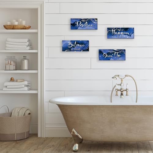 Blue & Silver Motivational Wall Art - 4 Piece Wooden Set for Home & Office