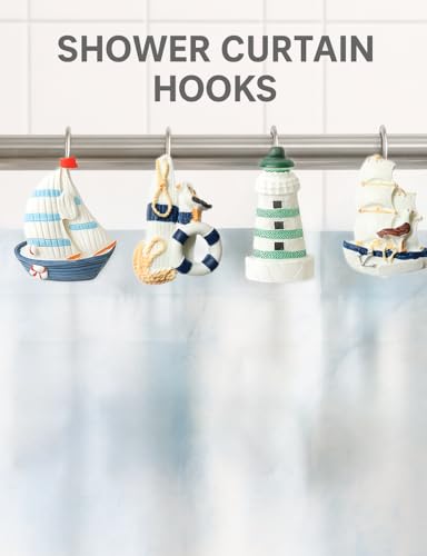 YOINIUEM Nautical Shower Curtain Hooks - White Boat Ocean Set of 12