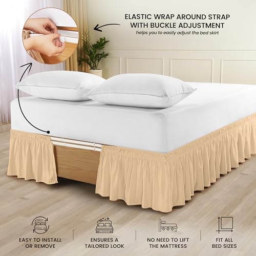 Queen Bed Skirt with Elastic Belt - 16 Inch Drop, Beige