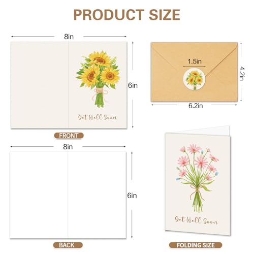24 Pack Get Well Soon Cards with Envelopes, 4 Floral Designs, 4x6 Inch