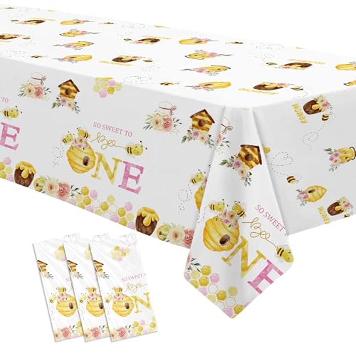 Bee 1st Birthday Party Tablecloth - Pink & Yellow Disposable Covers, 3 Pack