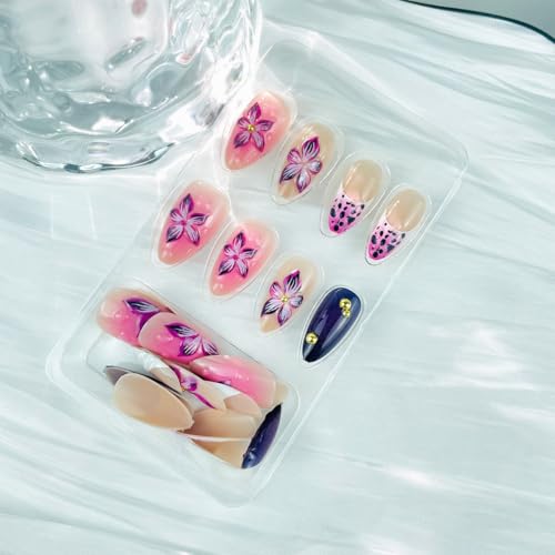 Purple Floral French Tip Press on Nails - 24Pcs Medium Acrylic Fake Nails