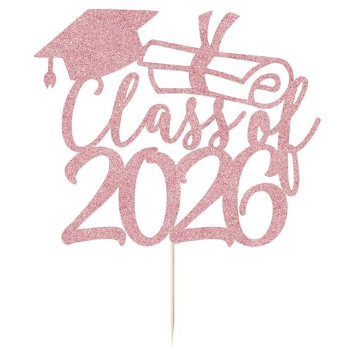 Class of 2026 Rose Gold Glitter Graduation Cake Topper