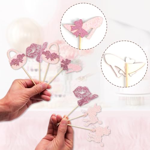 Glitter Pink Princess Cupcake Toppers - 30 PCS Party Decorations