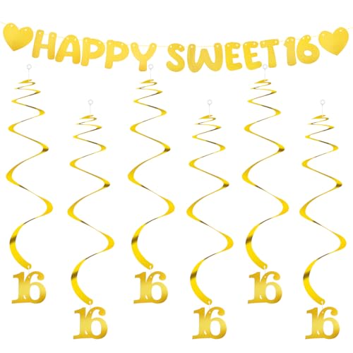 Happy Sweet 16 Birthday Banner & 6 Hanging Swirls Set