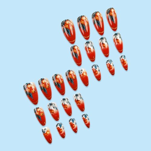 IMSOHOT Medium Almond Press on Nails Red Orange Flower Glossy Acrylic Fake Nails