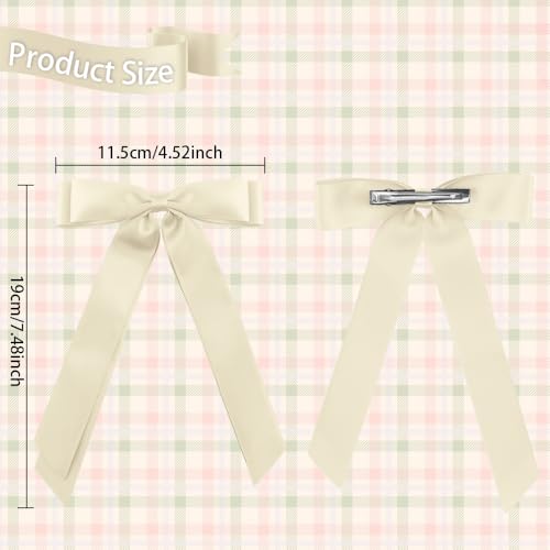 Silky Satin Bow Double Ribbon Hair Clips 2-Pack Beige Black