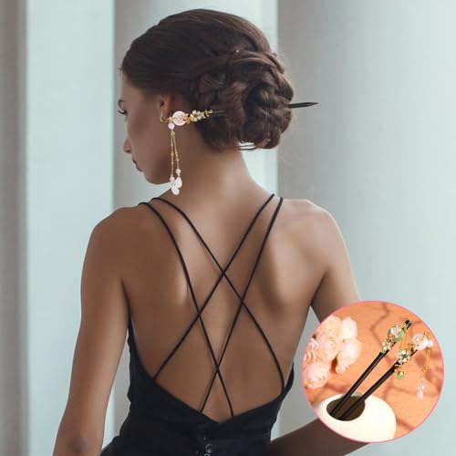 Wooden Hair Sticks with Tassel 2 Pcs - Vintage Flower Hair Pins for Bun