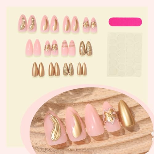 Gold Flower Press on Nails Medium Almond Fake Nails 3D Gold Lines