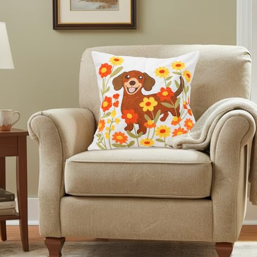 QIONG MENG Dachshund Pillow Cover 18x18 Inch Weiner Dog Embroidered Fall Decor