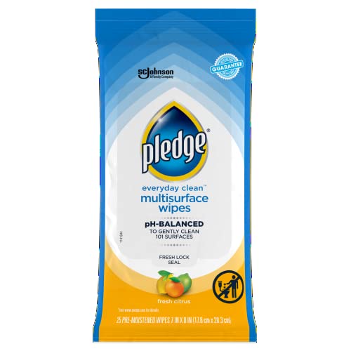 Pledge Multi Surface Wipes Fresh Citrus Pack of 1, 25 Count - Gentle & Effective Cleaning