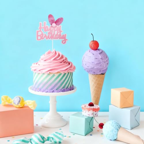Happy Birthday Cake Topper with Bunny Ears - Pink Glitter Decoration