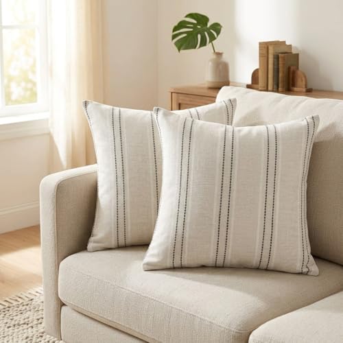 Set of 2 Grey Striped Throw Pillow Covers - 18x18 Inch Cotton & Linen for Home Decor