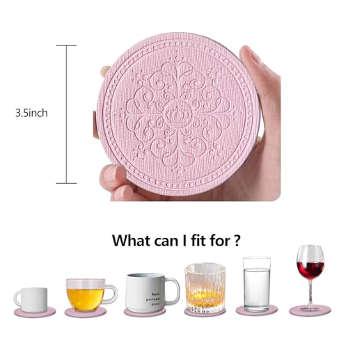 Pink PU Leather Coasters Set of 6 with Holder - Water Resistant Round Pads