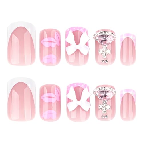 Pink French Tip Press on Nails Short Square Fake Nails with 3D Bow Rhinestones