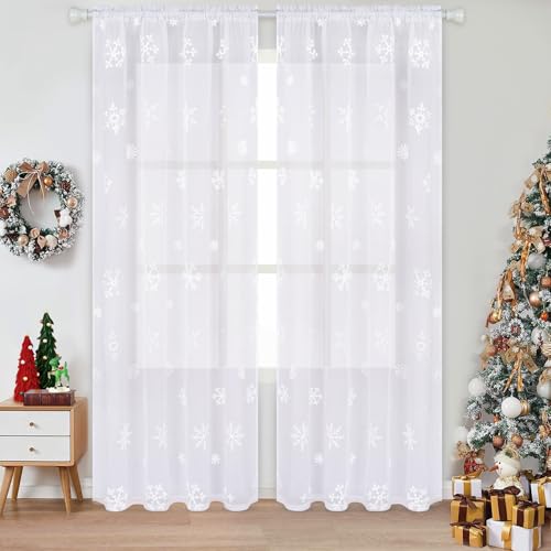 Christmas Sheer Curtains with Embroidered Snowflakes - 52x84 Inches, White, Pack of 2, Rod Pocket