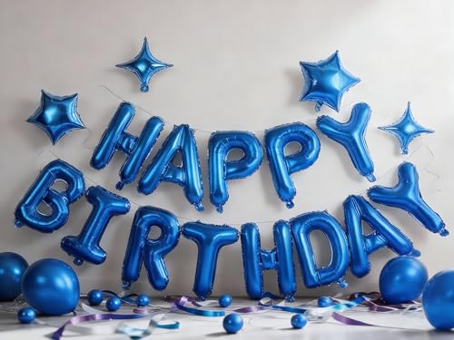 Blue Happy Birthday Balloons Banner Decoration Set - Mylar Foil