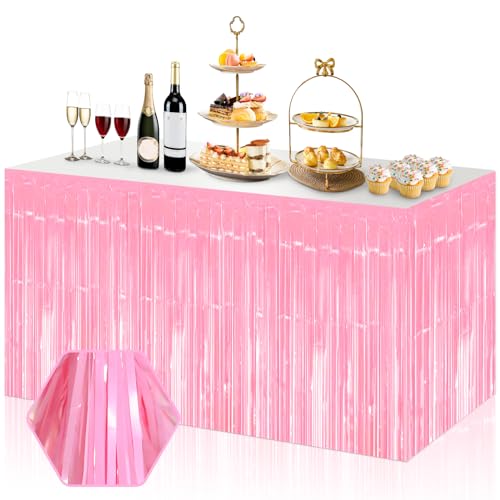 Macaron Pink Foil Fringe Table Skirt - 29x108 Inches Party Decoration Set of 3