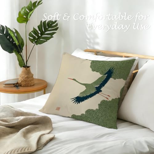 Japanese Green Crane Flannel Pillow Cover 18x18, Oriental Throw Case