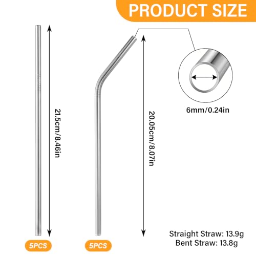 10-Pack Stainless Steel Straws Set - 5 Straight & 5 Bent, Reusable