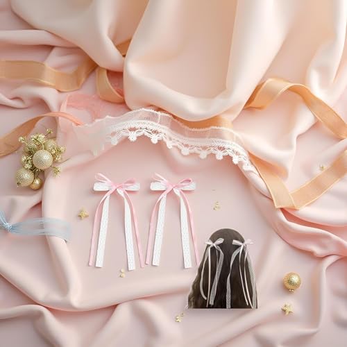 Pink Lace Bow Hair Clips with Pearls, Cute Coquette Hair Barrettes - 2Pcs