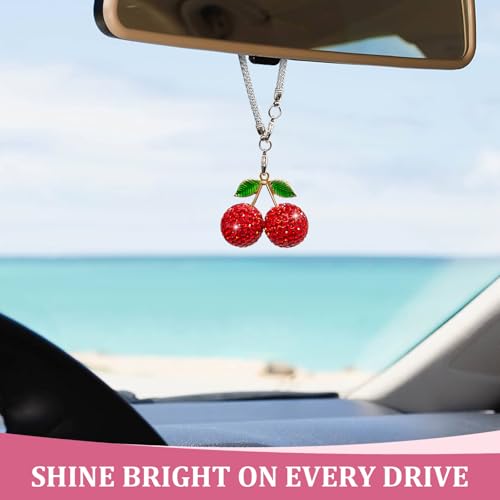 Sparkly Cherry Rear View Mirror Charm - Cute Car Decor for Women