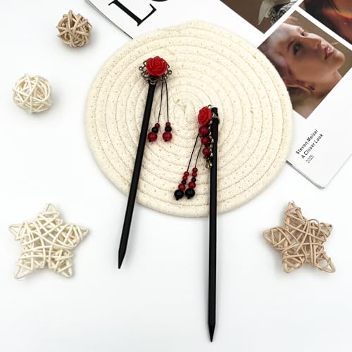 Wooden Hair Sticks 2-Piece Set - Retro Floral Bead Hairpins for Women