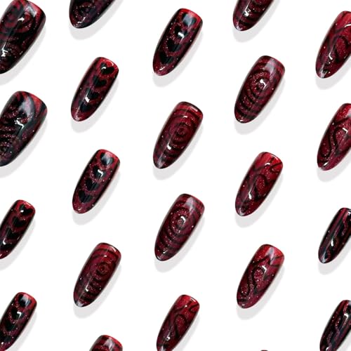 Valentine Press On Nails Medium Almond Fake Nails with Heart Designs