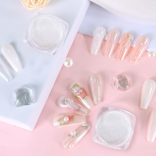 Allstarry White Pearl Chrome Nail Powder, 2pcs Iridescent Aurora Pigment