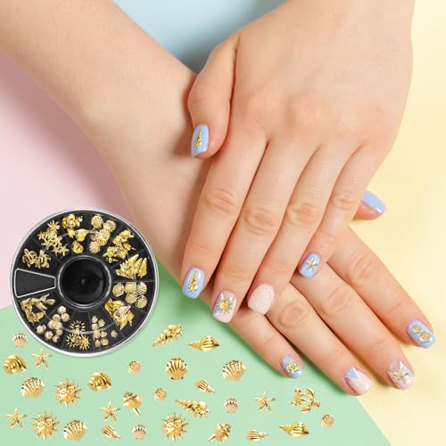 Isslly Gold Ocean 3D Nail Charms - 12 Styles Beach Starfish & Seashell Metal Decals