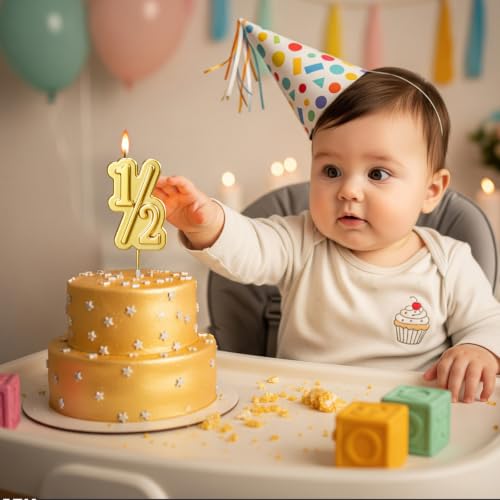 Gold Half Year Birthday Candle - Cute 1/2 Cake Topper for Babies