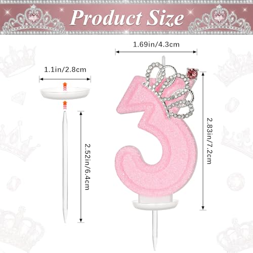 LASILE Pink Crown Number 3 Birthday Candle for Girl's 3rd Birthday, Princess Cake Topper, Party Supplies