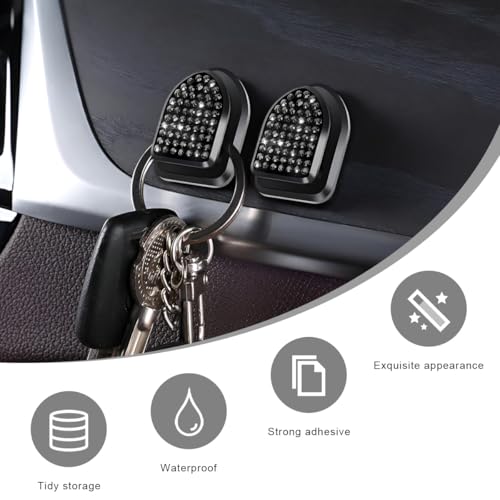 ZNDAW Black Rhinestone Car Mini Hooks - 4 PCS Adhesive Hangers for Storage
