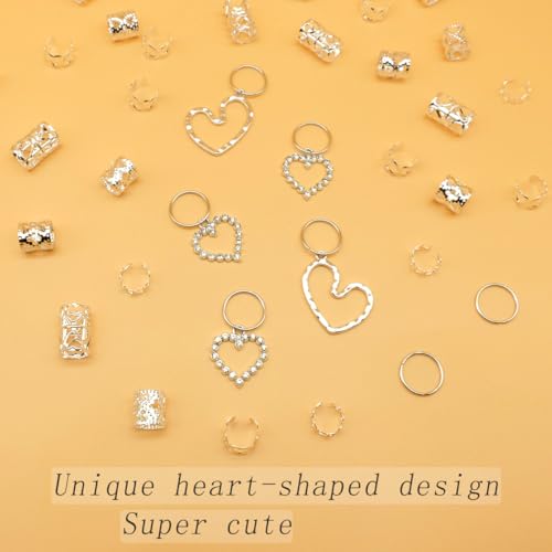 106 Pcs Silver Heart Hair Jewelry Clips Metal Cuffs for Braids Locs