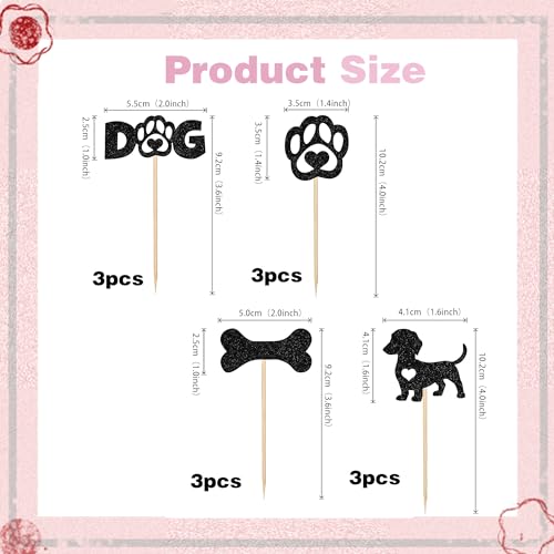 12 Black Glitter Dachshund Cupcake Toppers for Pet Parties