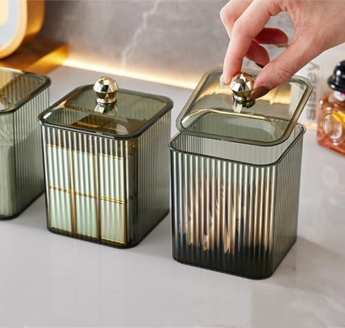 RANNYOZIO 2 Pack Acrylic Cotton Swabs Holder with Lid - Blackish Green Bathroom Organizer