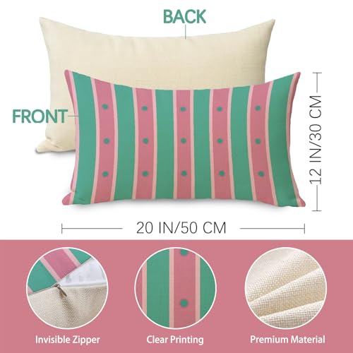 Pink Green Striped Lumbar Pillow Cover 12x20 | Decorative Cushion Case