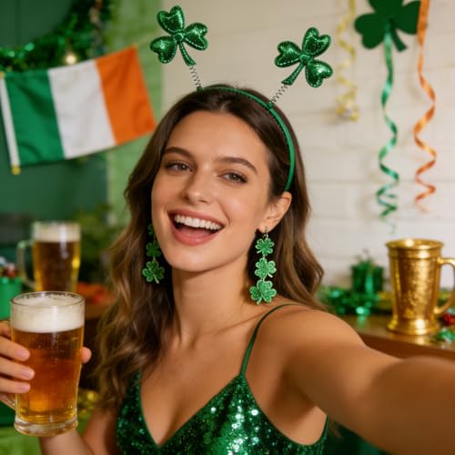 St. Patrick's Day Headband and Earrings Set - Green Glitter Shamrock