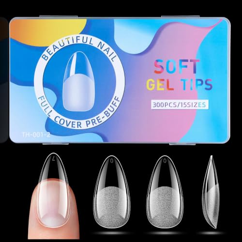 Medium Almond Soft Gel Nail Tips 300pcs Pre-Shaped Full Cover
