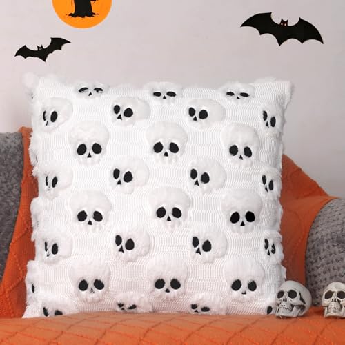 Skull Halloween Throw Pillow Covers 18x18, Set of 2 Plush Black Decor
