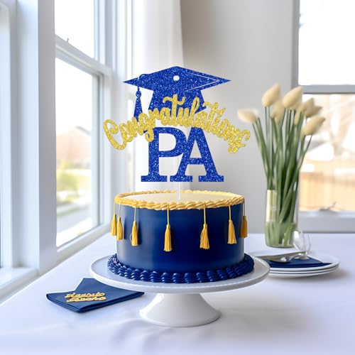 Congrats PA Cake Topper - Blue and Gold Glitter Graduation Decoration