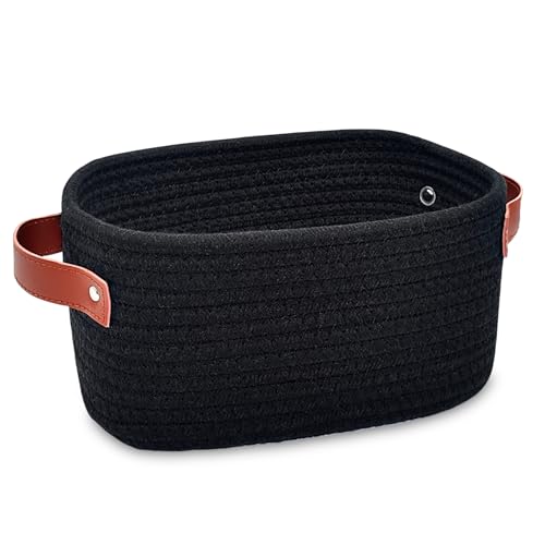 ABenkle Black Small Woven Cotton Storage Basket with Handles - Mini Toy & Home Organizer