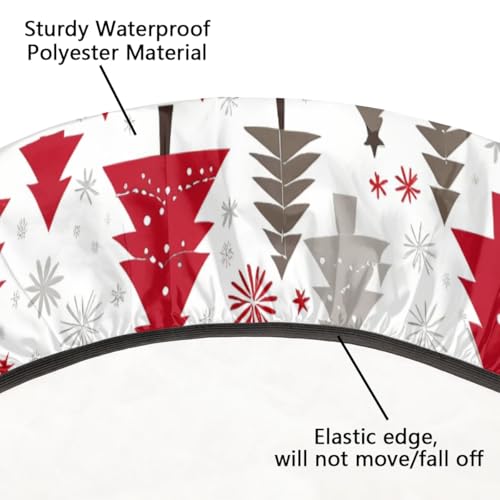 56-Inch Round Elastic Christmas Tablecloth with Red White Tree Design - Waterproof & Fitted Fleece for Kitchen, Party