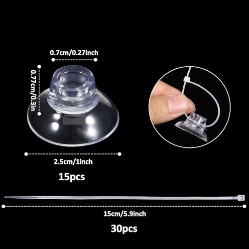 15 Pack Clear Silicone Aquarium Suction Cups with Zip Ties