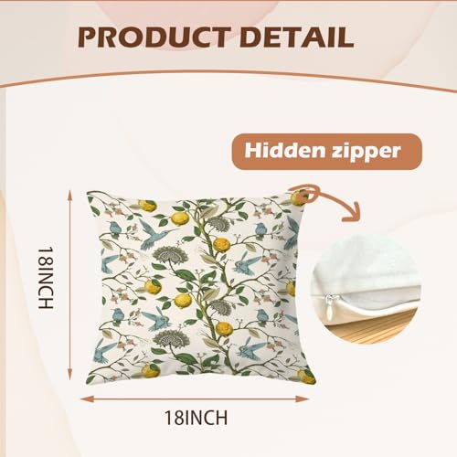 Supwhd 18x18 Inch Chinoiserie Pillow Cover with Hummingbird & Lemon Design - Set of 1