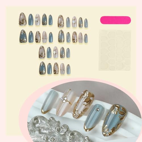 KAICCOSO Almond Press on Nails Medium Fall Cat Eye Fake Nails Gold Leaf 24Pcs